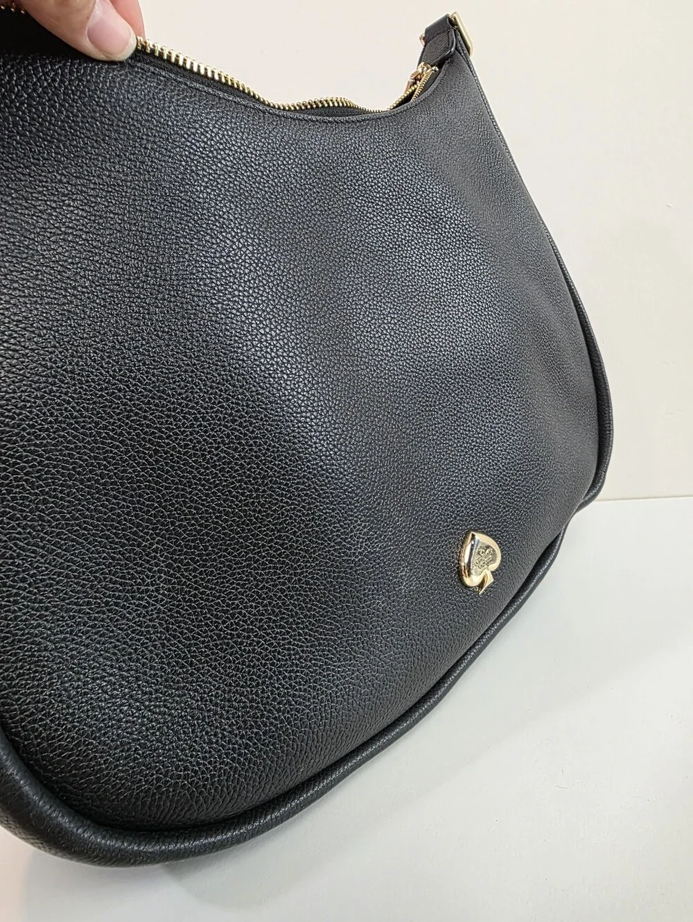 kate spade Kayla Black Pebbled Leather Shoulder Hobo with Gold Spade Accent